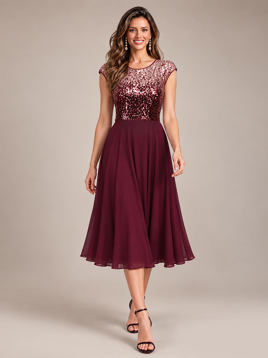 Pailletten A-Linie Cap-Ärmel Hochzeitsgastkleid #Farbe_Burgunderrot & Pink