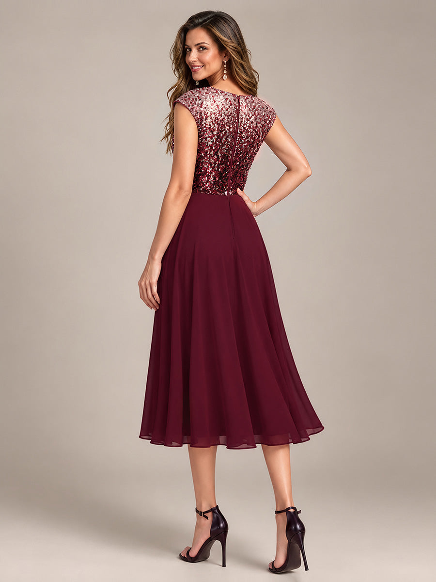Pailletten A-Linie Cap-Ärmel Hochzeitsgastkleid #Farbe_Burgunderrot & Pink