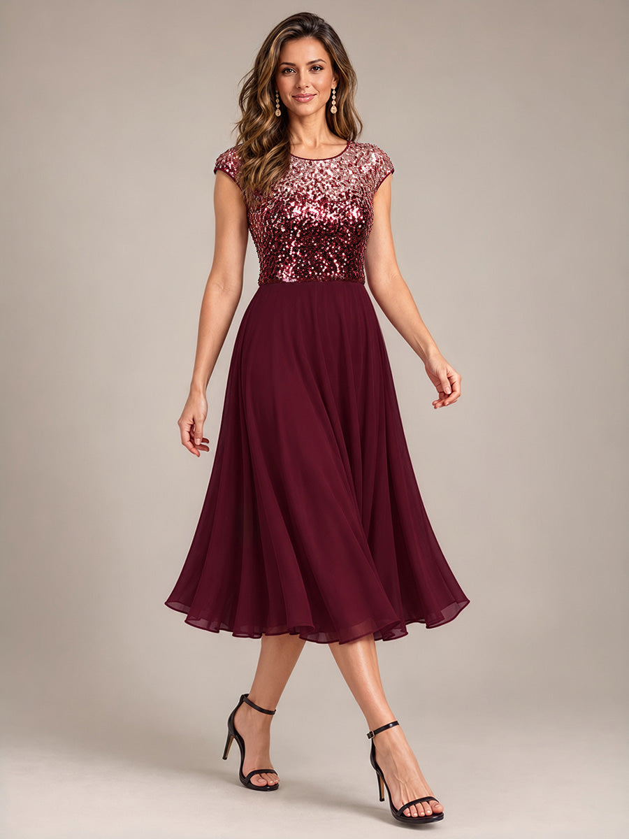 Pailletten A-Linie Cap-Ärmel Hochzeitsgastkleid #Farbe_Burgunderrot & Pink