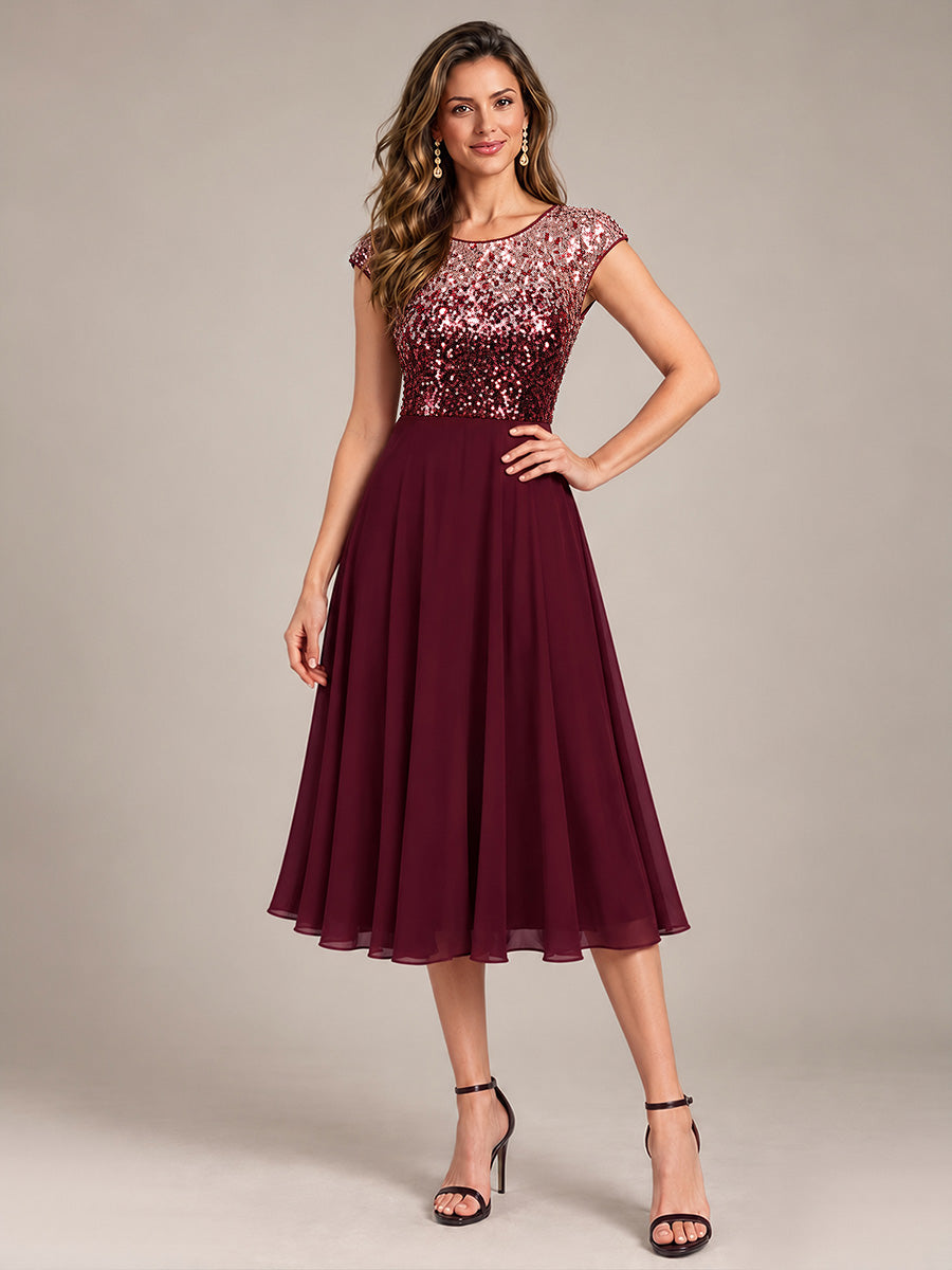 Pailletten A-Linie Cap-Ärmel Hochzeitsgastkleid #Farbe_Burgunderrot & Pink