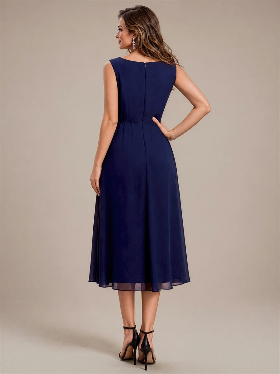 Midi Tee Länge V Ausschnitt Chiffon Kleid Mit Fließendem Rock Perfekt Für Hochzeiten Und Besondere Anlässe Kleid #Farbe_Marineblau