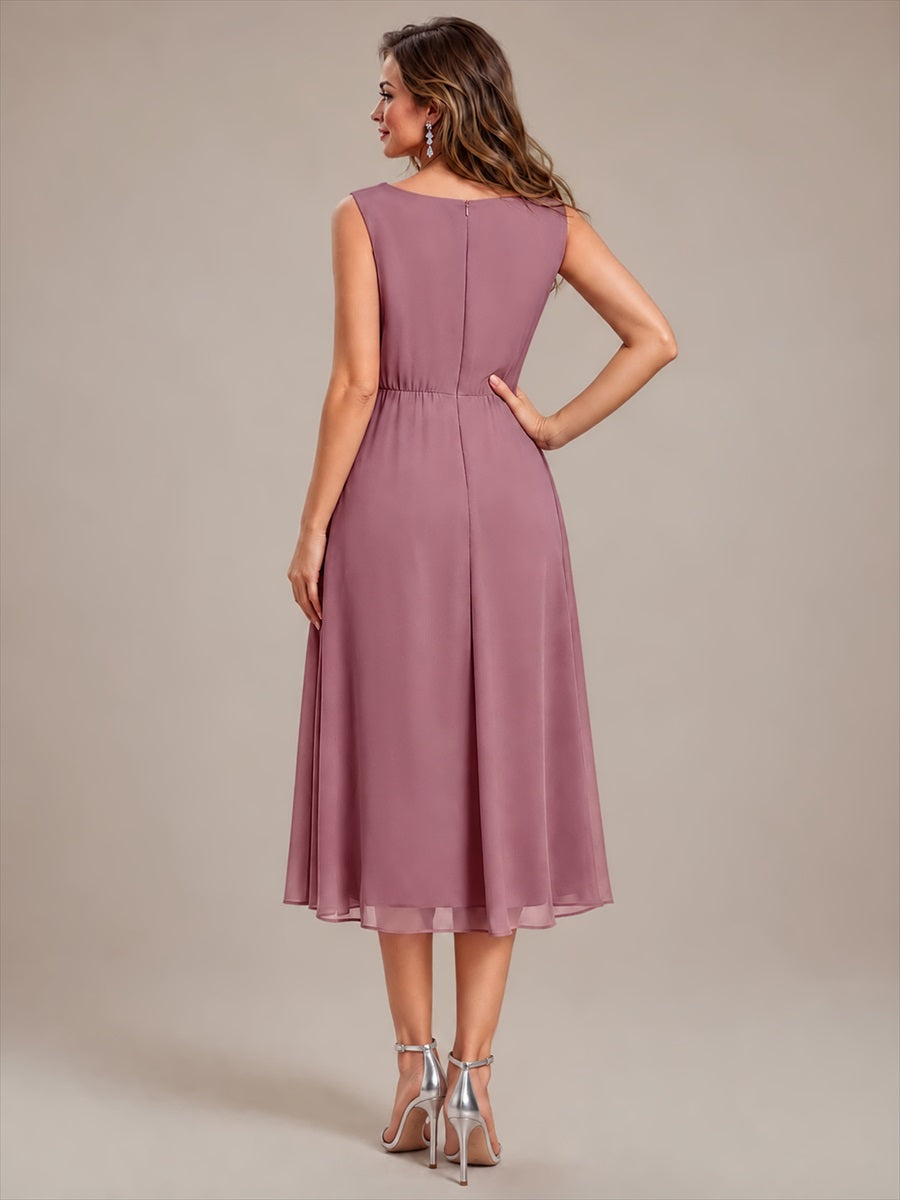 Midi Tee Länge V Ausschnitt Chiffon Kleid Mit Fließendem Rock Perfekt Für Hochzeiten Und Besondere Anlässe Kleid #Farbe_Orchideenviolett