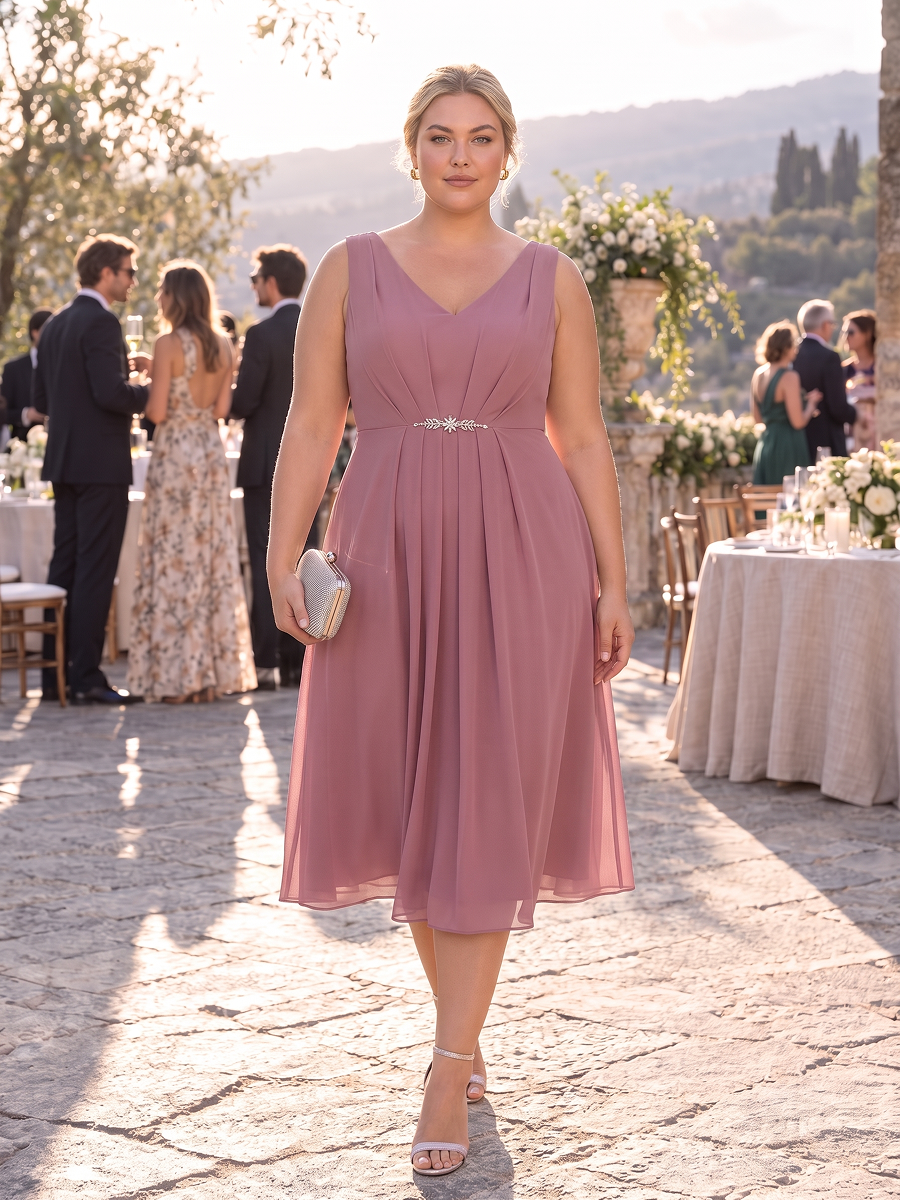 Midi Tee Länge V Ausschnitt Chiffon Kleid Mit Fließendem Rock Perfekt Für Hochzeiten Und Besondere Anlässe Kleid #Farbe_Orchideenviolett
