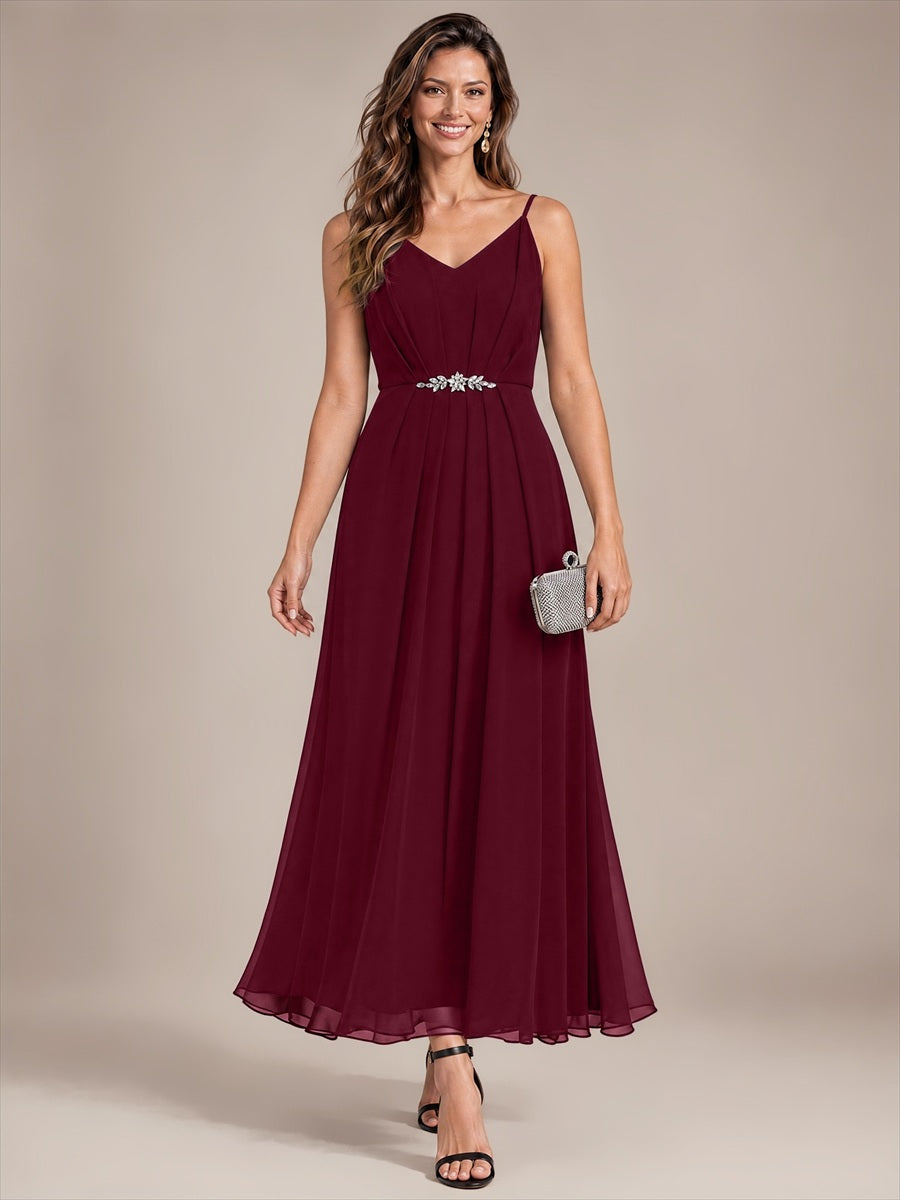 Chiffon Knöchellanges V-Ausschnitt Ärmelloses Hochzeitsgastkleid #Farbe_Burgunderrot