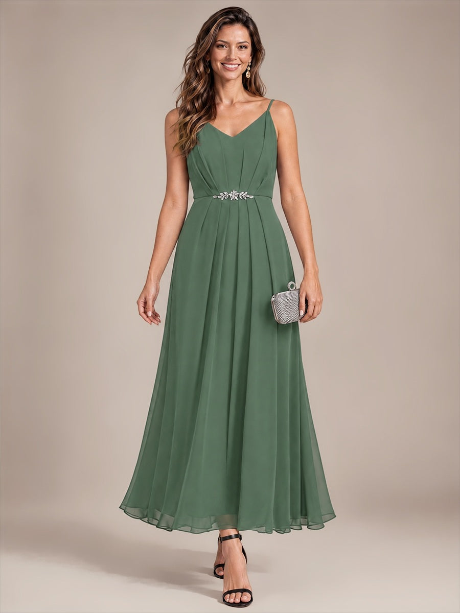 Chiffon Knöchellanges V-Ausschnitt Ärmelloses Hochzeitsgastkleid #Farbe_Eukalyptus