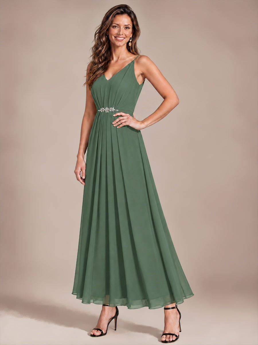 Chiffon Knöchellanges V-Ausschnitt Ärmelloses Hochzeitsgastkleid #Farbe_Eukalyptus