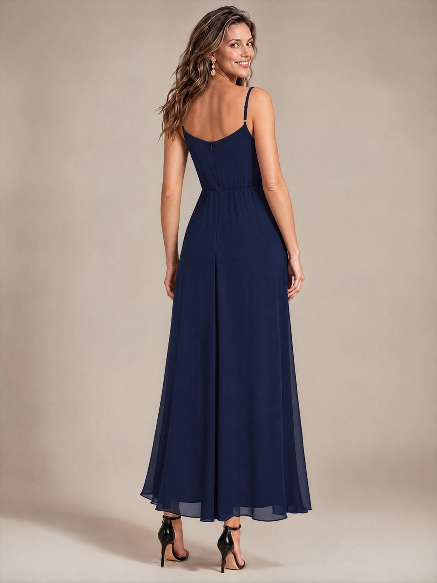Chiffon Knöchellanges V-Ausschnitt Ärmelloses Hochzeitsgastkleid #Farbe_Marineblau