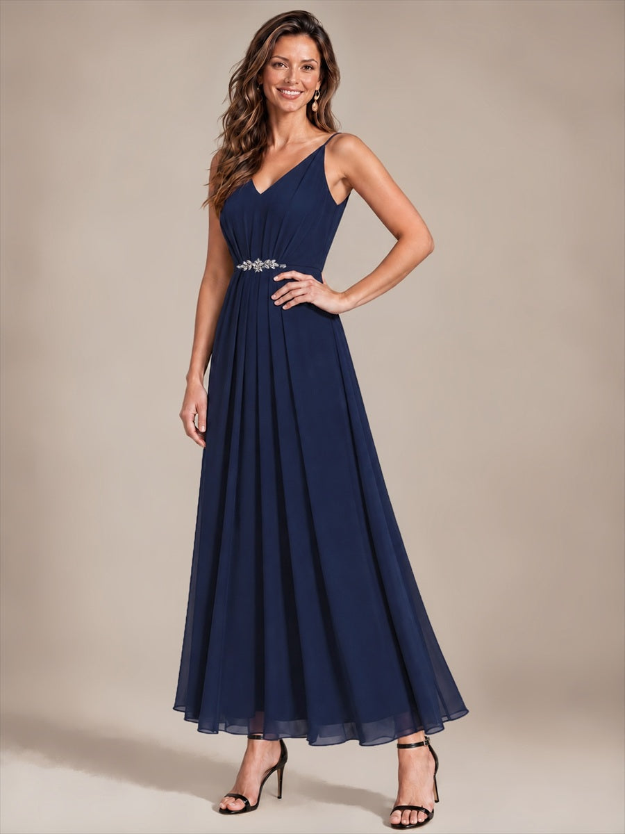 Chiffon Knöchellanges V-Ausschnitt Ärmelloses Hochzeitsgastkleid #Farbe_Marineblau