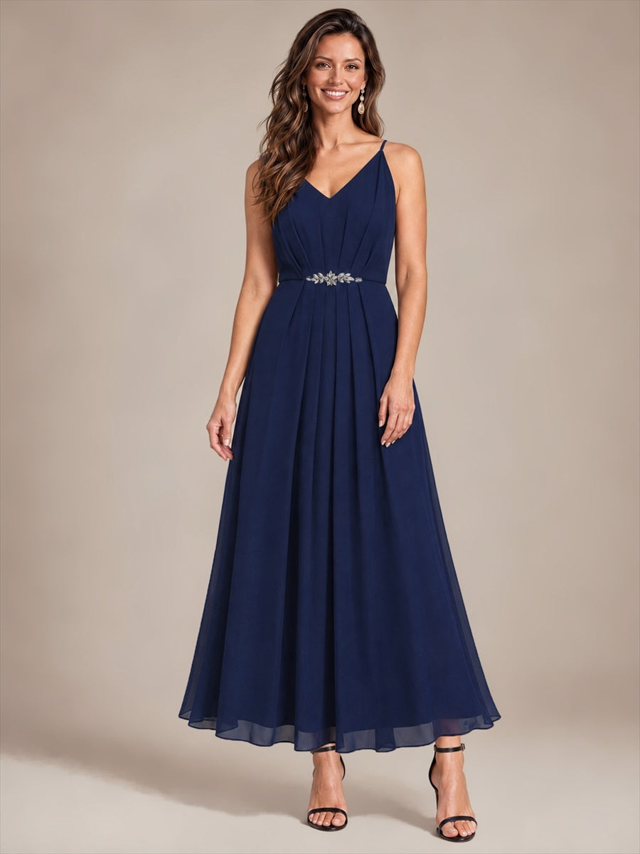 Chiffon Knöchellanges V-Ausschnitt Ärmelloses Hochzeitsgastkleid #Farbe_Marineblau