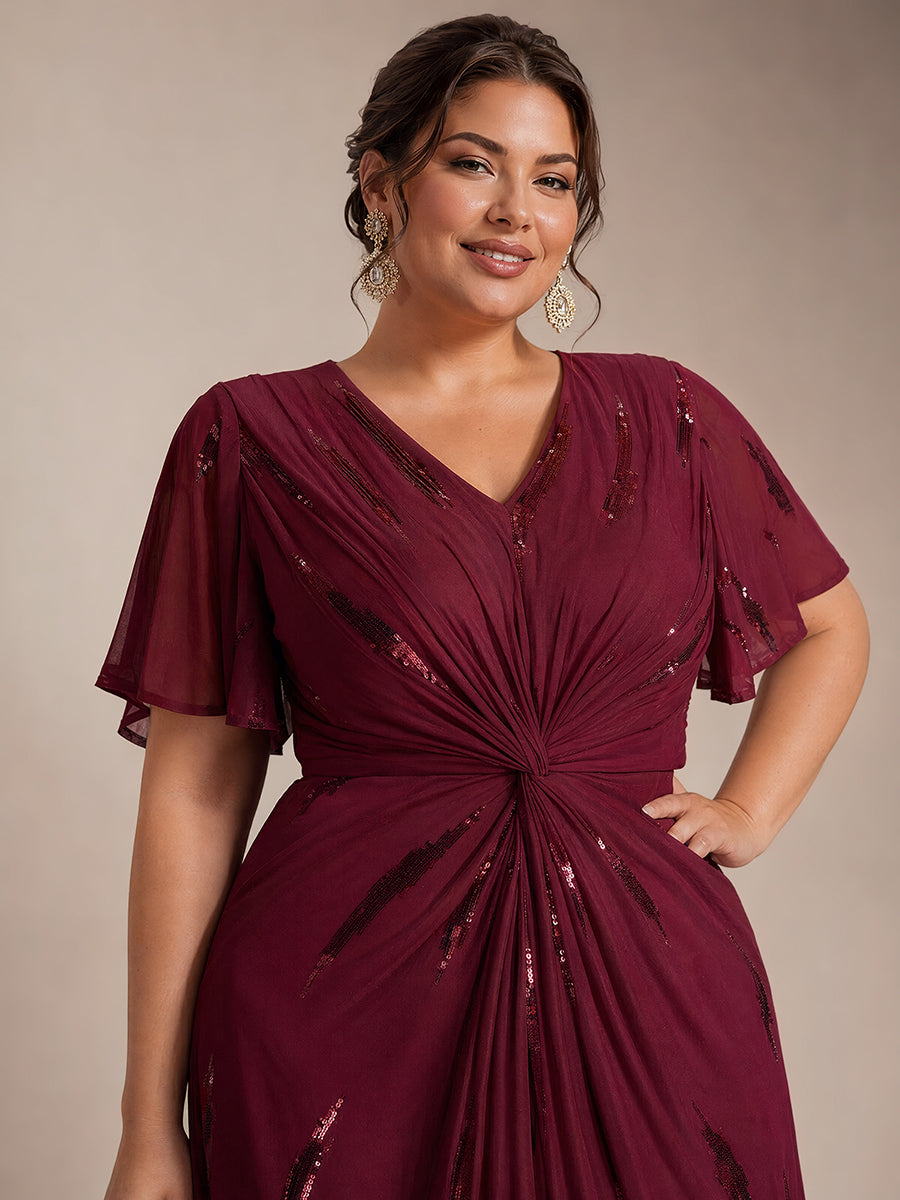 Tea Länge V Ausschnitt Etui Kleid Aus Tüll Mit Pailletten Und Schlitz Zum Binden Kleid #Farbe_Burgunderrot