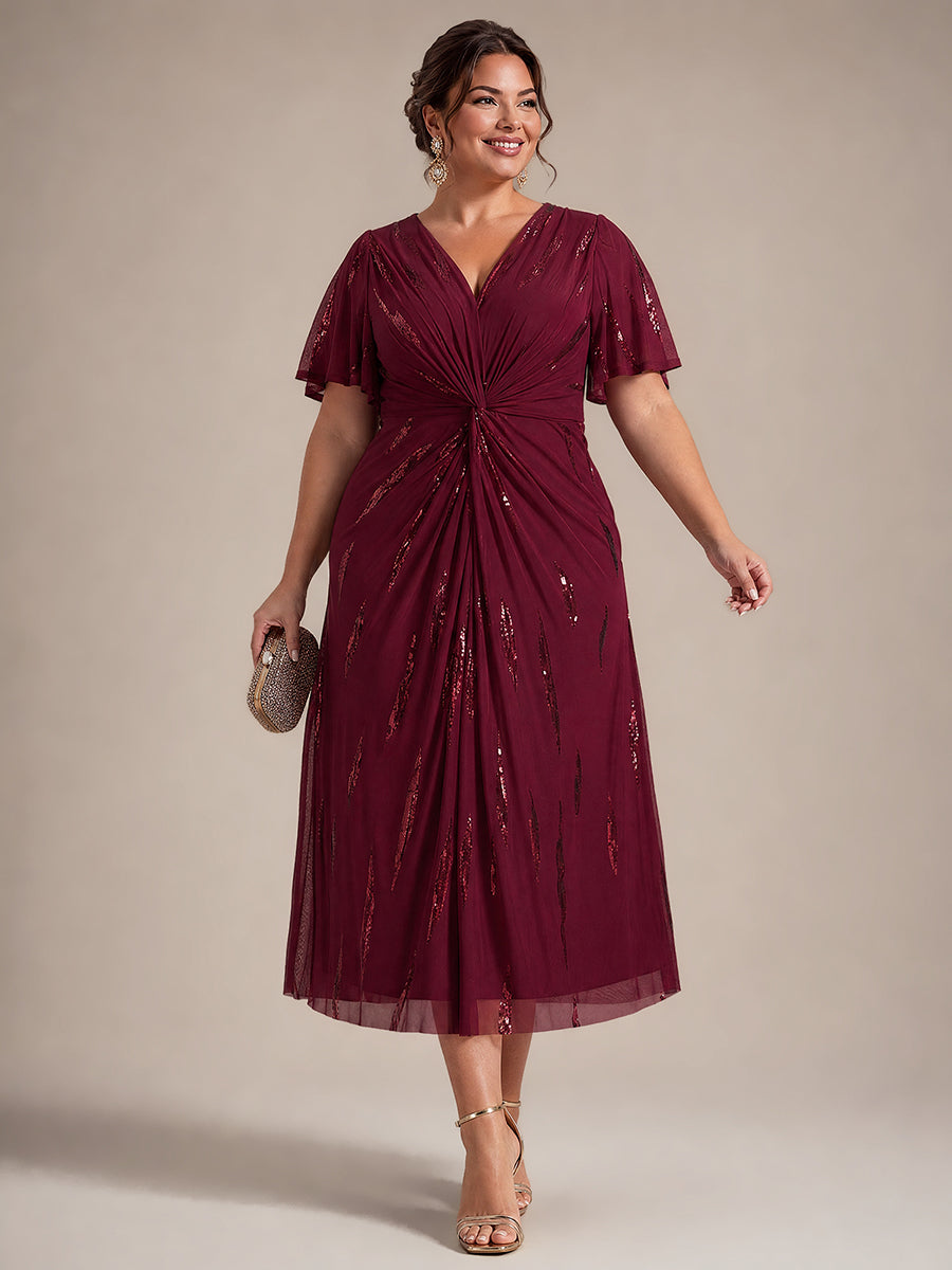Tea Länge V Ausschnitt Etui Kleid Aus Tüll Mit Pailletten Und Schlitz Zum Binden Kleid #Farbe_Burgunderrot