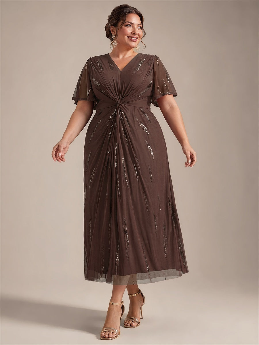 Tea Länge V Ausschnitt Etui Kleid Aus Tüll Mit Pailletten Und Schlitz Zum Binden Kleid #Farbe_Schokoladenbraun