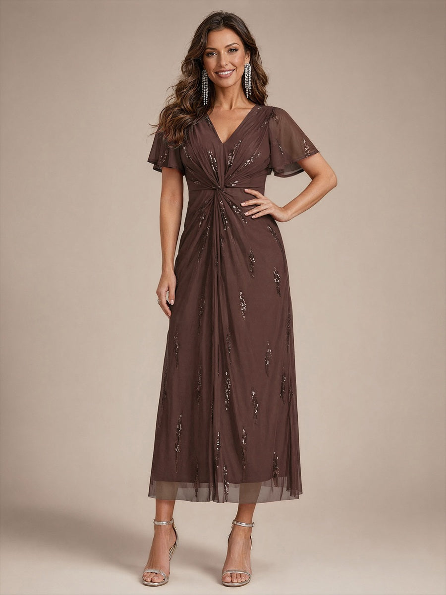 Tea Länge V Ausschnitt Etui Kleid Aus Tüll Mit Pailletten Und Schlitz Zum Binden Kleid #Farbe_Schokoladenbraun