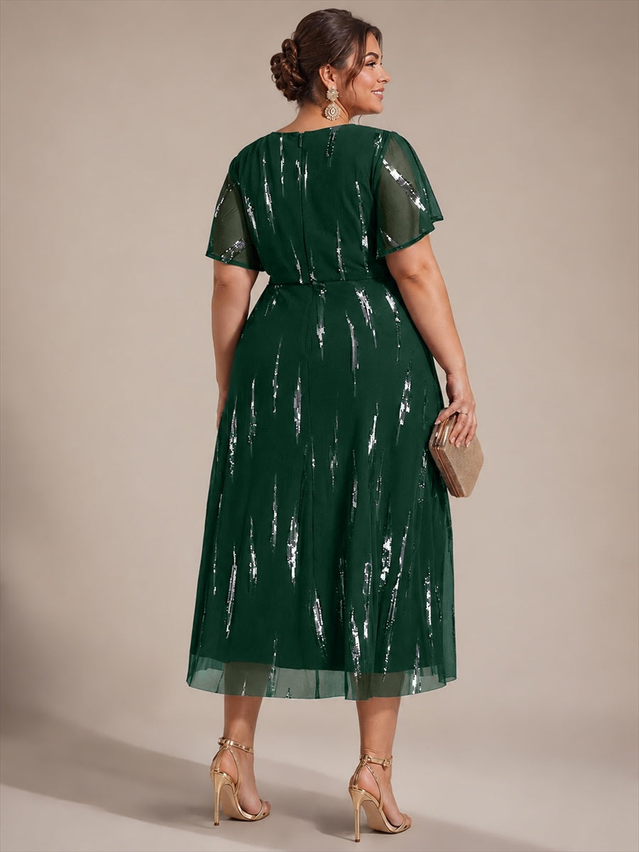 Tea Länge V Ausschnitt Etui Kleid Aus Tüll Mit Pailletten Und Schlitz Zum Binden Kleid #Farbe_Dunkelgrün