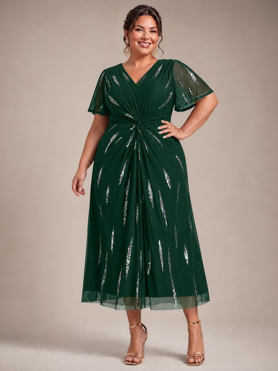 Tea Länge V Ausschnitt Etui Kleid Aus Tüll Mit Pailletten Und Schlitz Zum Binden Kleid #Farbe_Dunkelgrün
