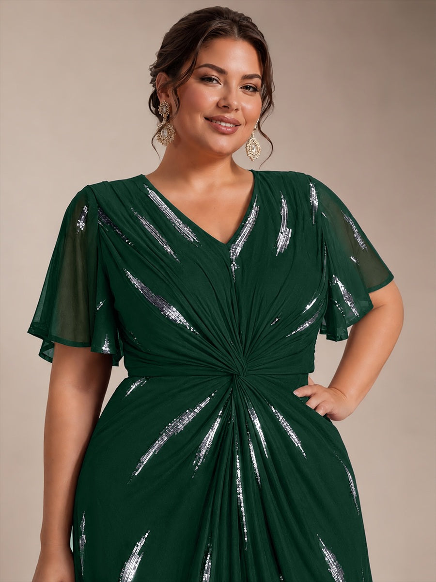 Tea Länge V Ausschnitt Etui Kleid Aus Tüll Mit Pailletten Und Schlitz Zum Binden Kleid #Farbe_Dunkelgrün