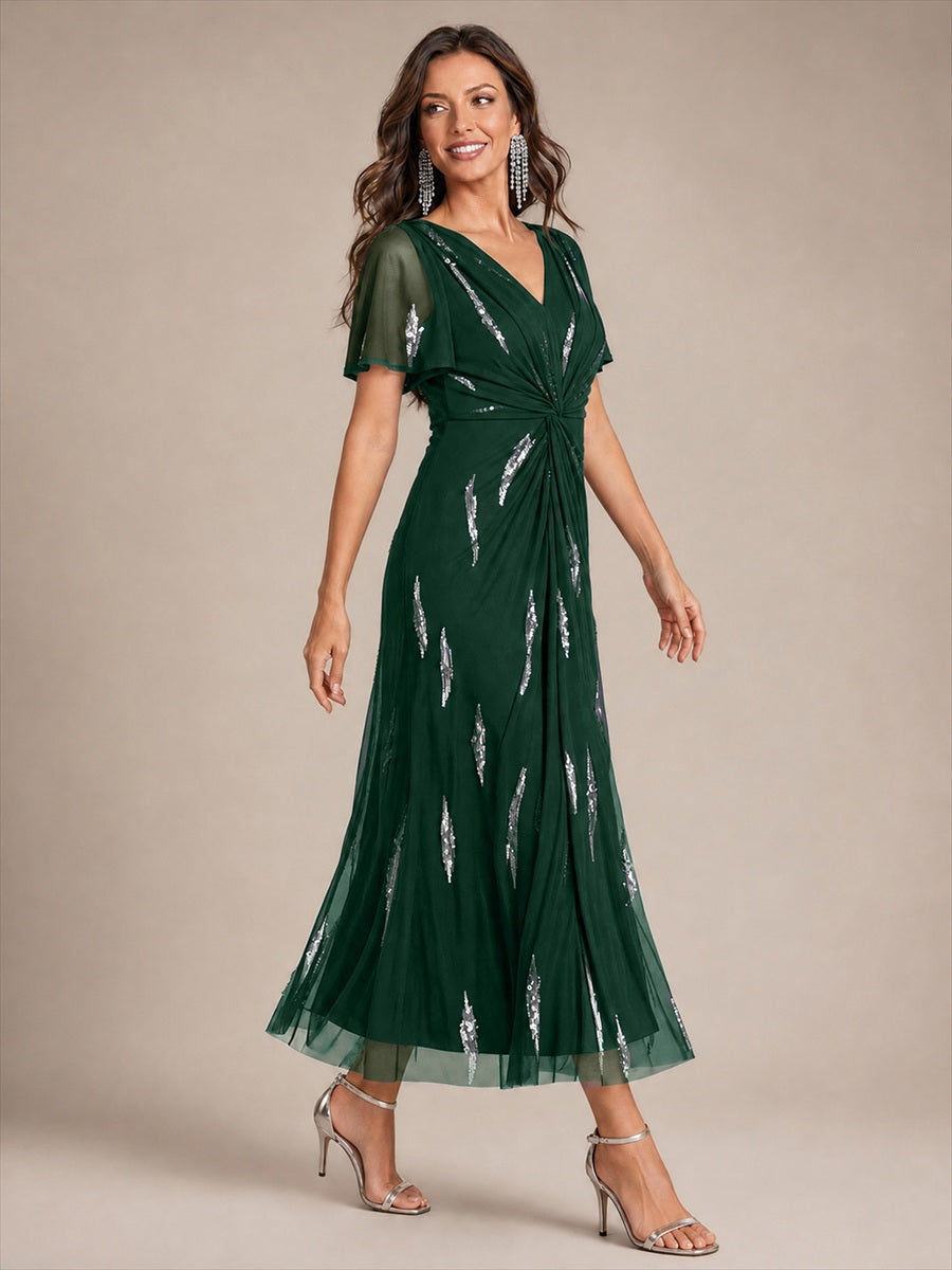 Tea Länge V Ausschnitt Etui Kleid Aus Tüll Mit Pailletten Und Schlitz Zum Binden Kleid #Farbe_Dunkelgrün