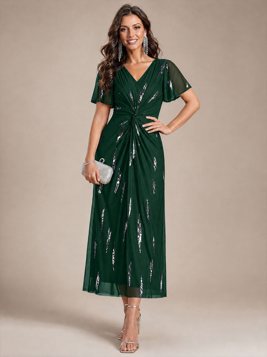 Tea Länge V Ausschnitt Etui Kleid Aus Tüll Mit Pailletten Und Schlitz Zum Binden Kleid #Farbe_Dunkelgrün