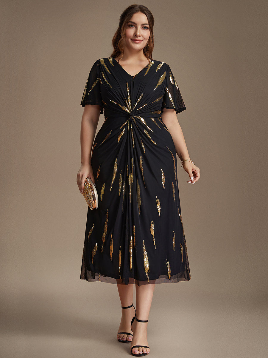 Tea Länge V Ausschnitt Etui Kleid Aus Tüll Mit Pailletten Und Schlitz Zum Binden Kleid #Farbe_Schwarz & Gold