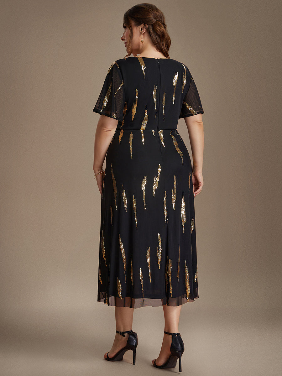 Tea Länge V Ausschnitt Etui Kleid Aus Tüll Mit Pailletten Und Schlitz Zum Binden Kleid #Farbe_Schwarz & Gold