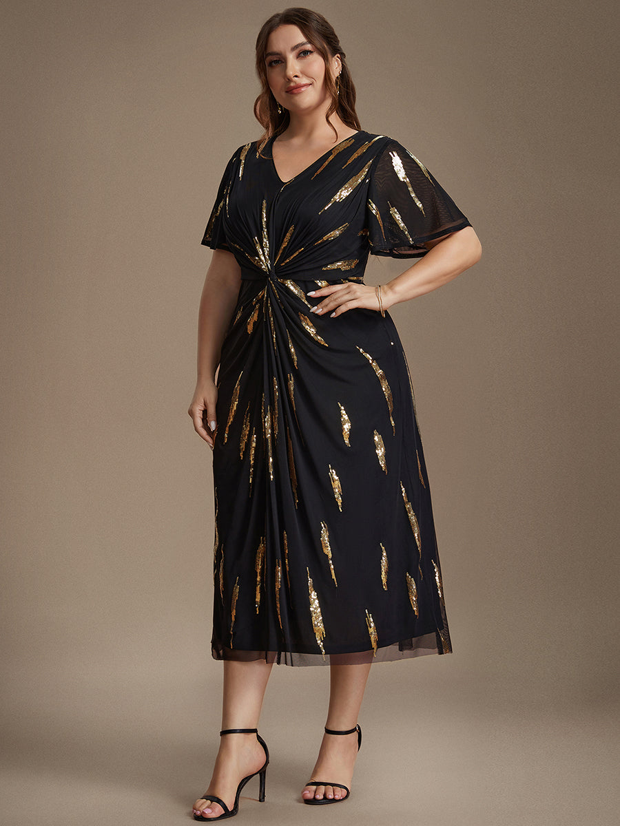 Tea Länge V Ausschnitt Etui Kleid Aus Tüll Mit Pailletten Und Schlitz Zum Binden Kleid #Farbe_Schwarz & Gold