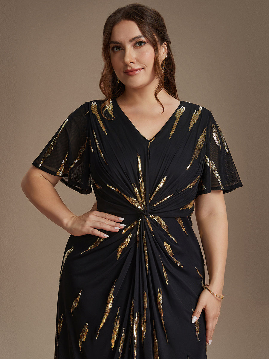 Tea Länge V Ausschnitt Etui Kleid Aus Tüll Mit Pailletten Und Schlitz Zum Binden Kleid #Farbe_Schwarz & Gold