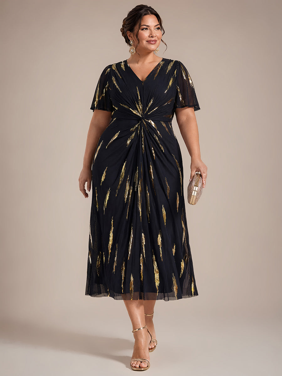 Tea Länge V Ausschnitt Etui Kleid Aus Tüll Mit Pailletten Und Schlitz Zum Binden Kleid #Farbe_Schwarz / Metallisches Gold