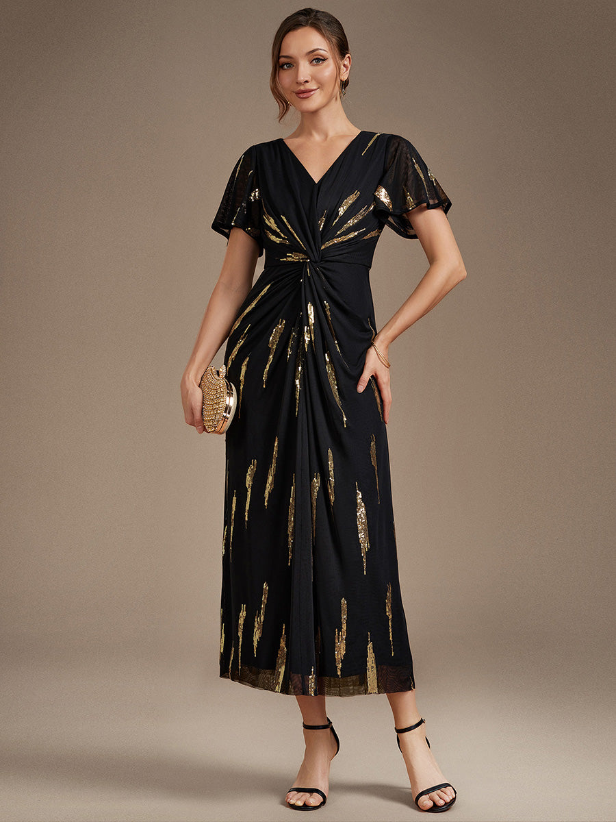 Tea Länge V Ausschnitt Etui Kleid Aus Tüll Mit Pailletten Und Schlitz Zum Binden Kleid #Farbe_Schwarz & Gold