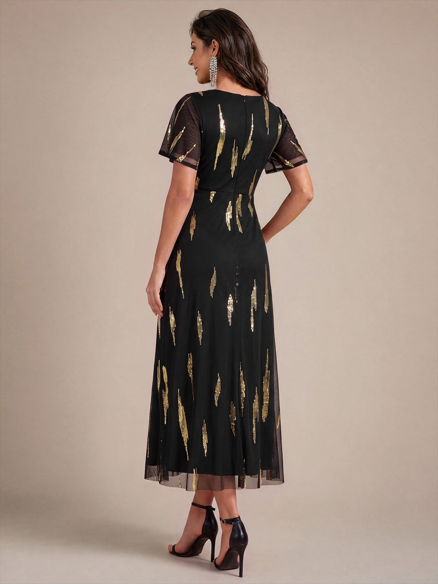 Tea Länge V Ausschnitt Etui Kleid Aus Tüll Mit Pailletten Und Schlitz Zum Binden Kleid #Farbe_Schwarz / Metallisches Gold
