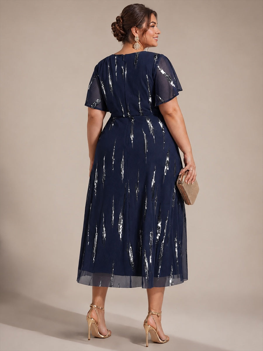 Tea Länge V Ausschnitt Etui Kleid Aus Tüll Mit Pailletten Und Schlitz Zum Binden Kleid #Farbe_Marineblau