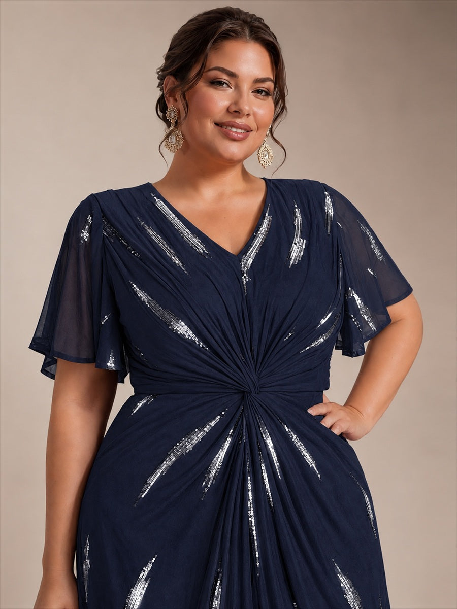 Tea Länge V Ausschnitt Etui Kleid Aus Tüll Mit Pailletten Und Schlitz Zum Binden Kleid #Farbe_Marineblau
