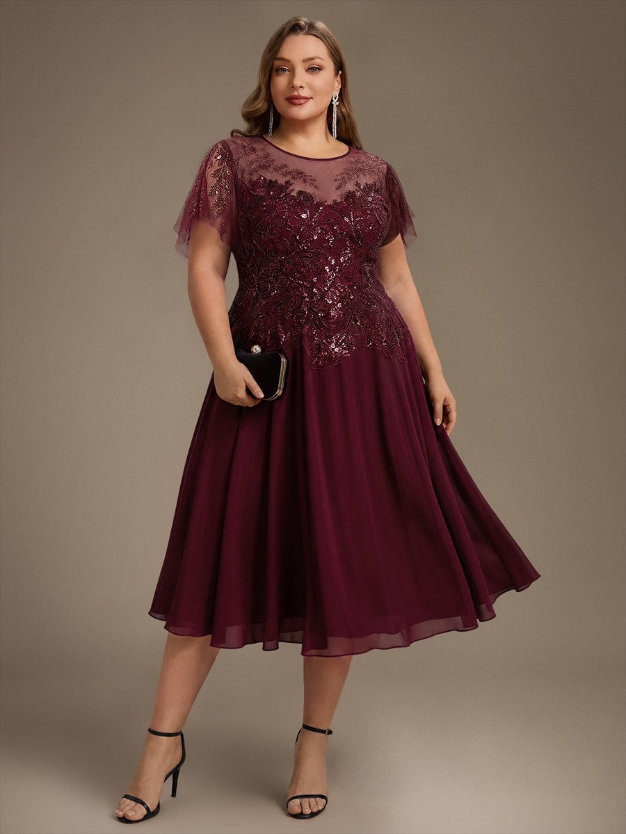 Midi Tea Länge A Linie Kleid Runder Ausschnitt Tüll Pailletten Volants Perlenbesetzt Kleid #Farbe_Burgunderrot