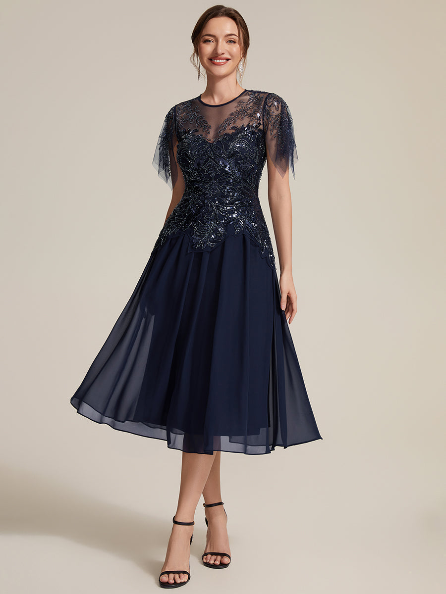 Midi Tea Länge A Linie Kleid Runder Ausschnitt Tüll Pailletten Volants Perlenbesetzt Kleid #Farbe_Marineblau