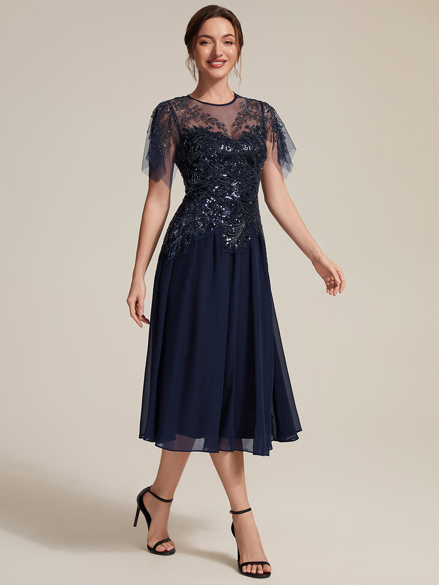 Midi Tea Länge A Linie Kleid Runder Ausschnitt Tüll Pailletten Volants Perlenbesetzt Kleid #Farbe_Marineblau