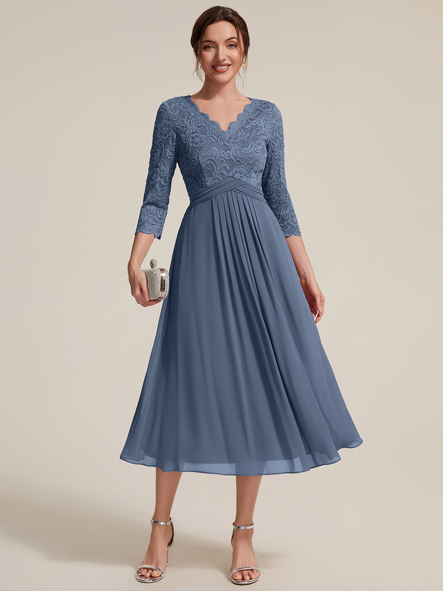 Midi Tee Länge V Ausschnitt Etui Kleid Aus Spitze Elegantes Design Für Besondere Anlässe #Farbe_Taubenblau