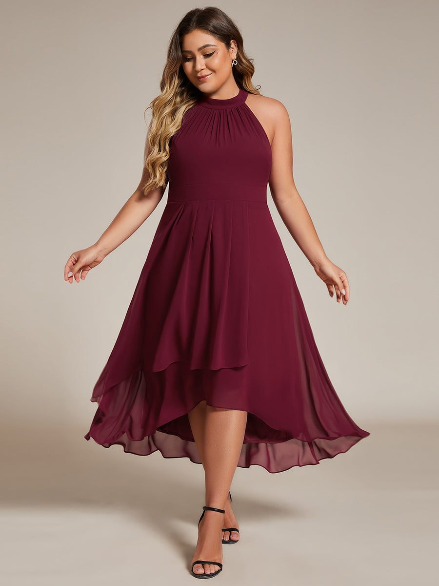 Hochtief Halterneck A-Linie Chiffon Kleid Mit Raffungen #Farbe_Burgunderrot