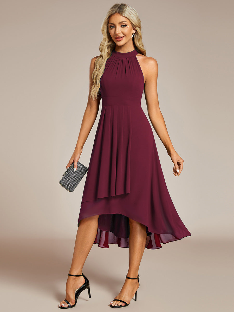 Hochtief Halterneck A-Linie Chiffon Kleid Mit Raffungen #Farbe_Burgunderrot