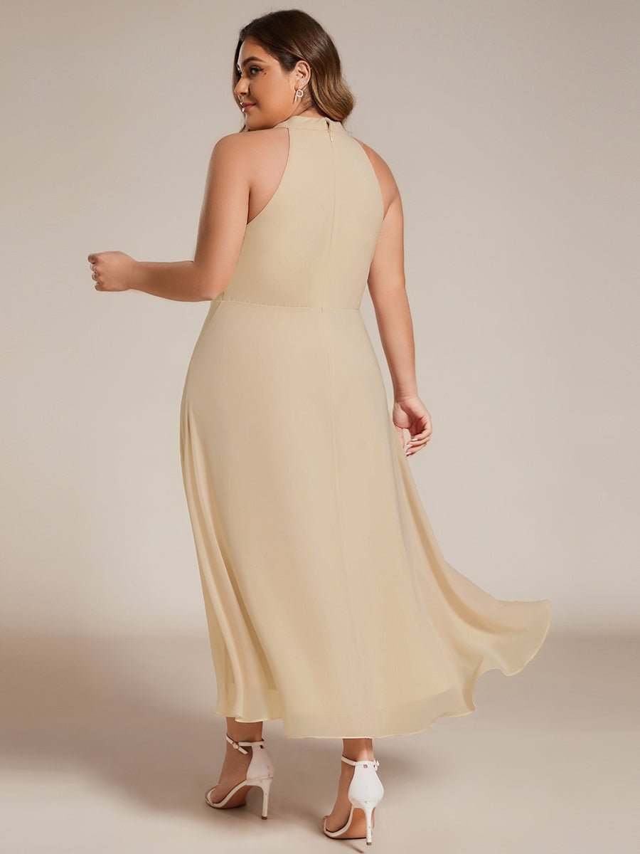 Hochtief Halterneck A-Linie Chiffon Kleid Mit Raffungen #Farbe_Champagner