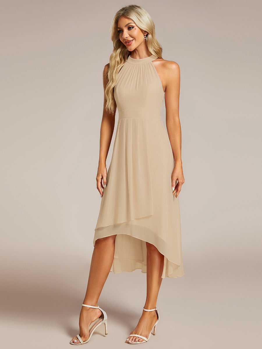 Hochtief Halterneck A-Linie Chiffon Kleid Mit Raffungen #Farbe_Champagner