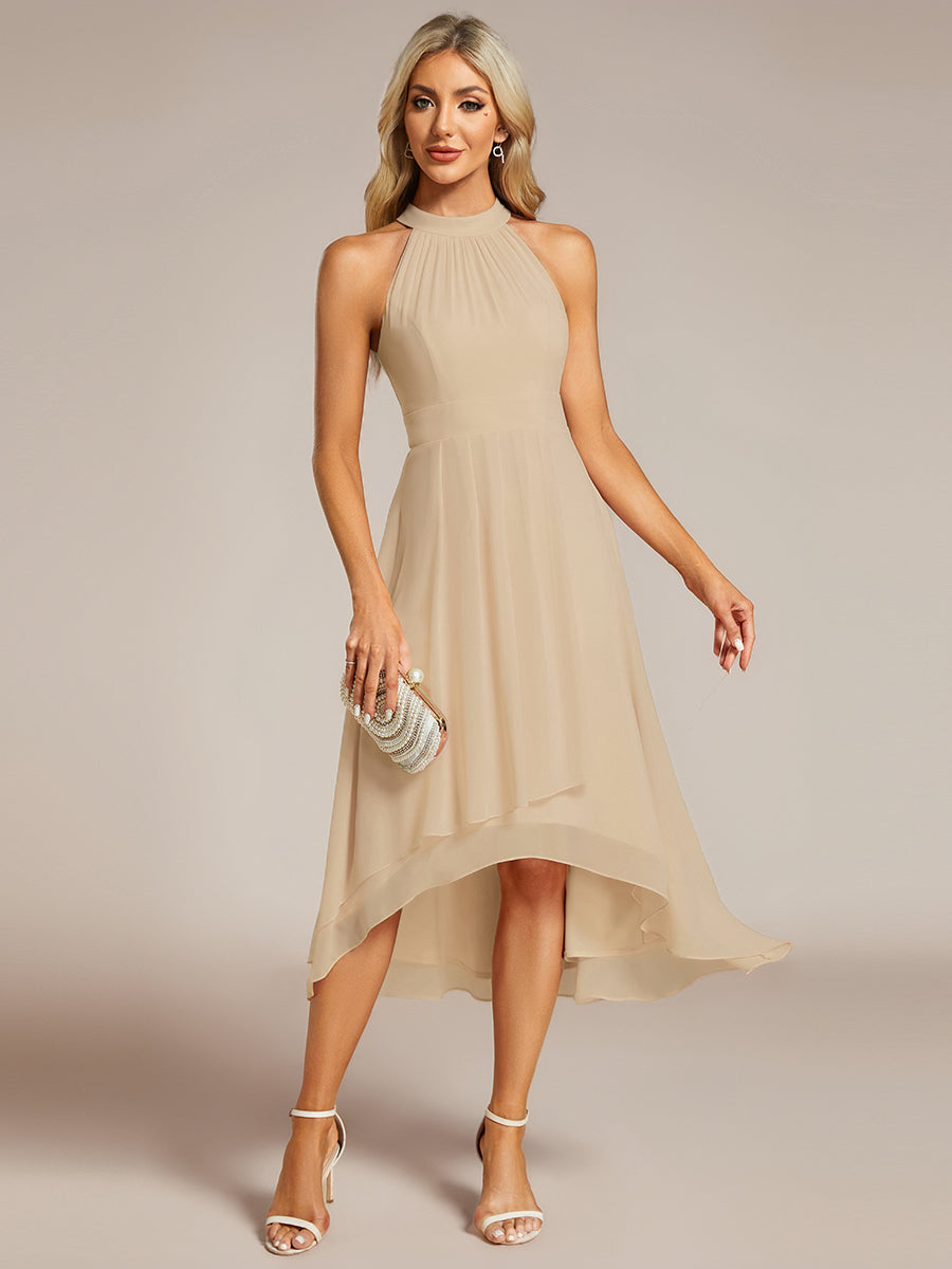 Hochtief Halterneck A-Linie Chiffon Kleid Mit Raffungen #Farbe_Champagner