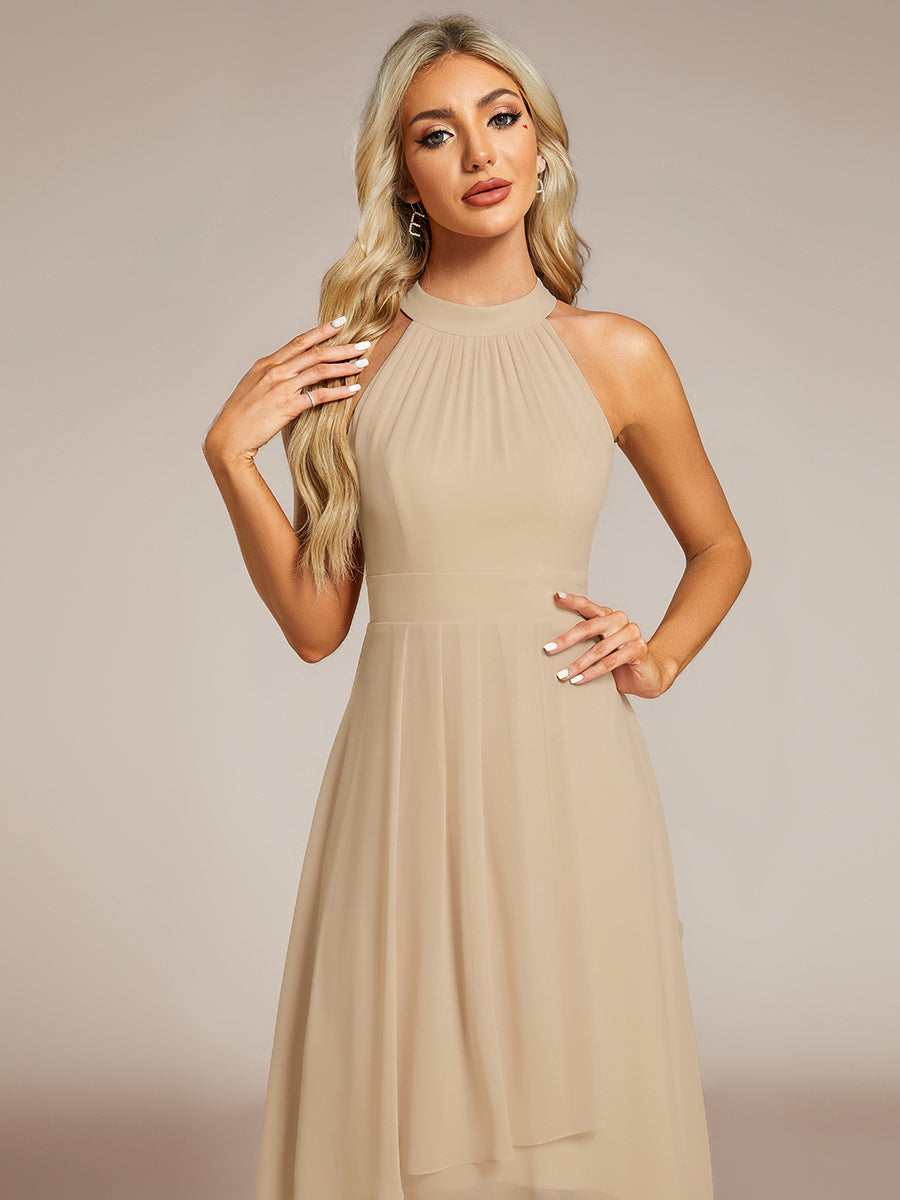 Hochtief Halterneck A-Linie Chiffon Kleid Mit Raffungen #Farbe_Champagner