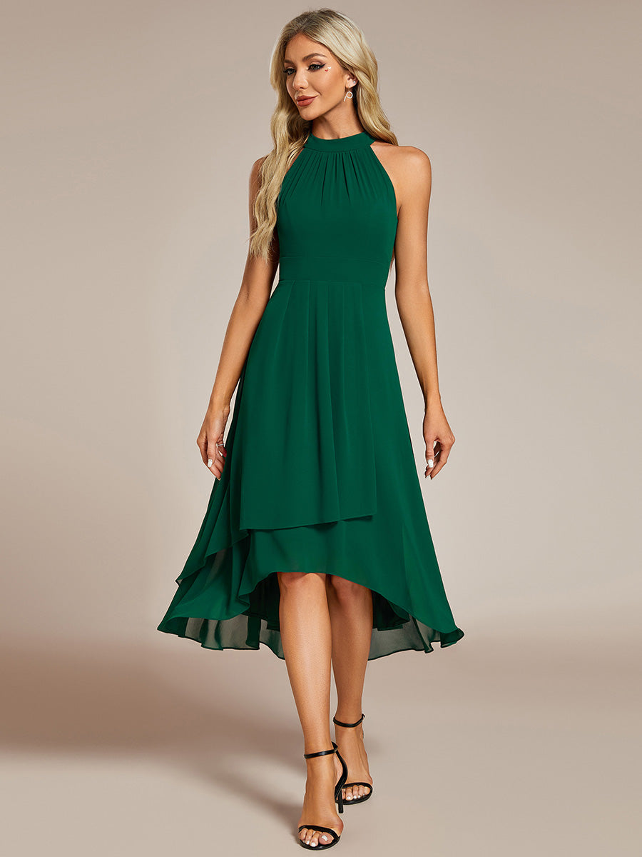 Hochtief Halterneck A-Linie Chiffon Kleid Mit Raffungen #Farbe_Dunkelgrün