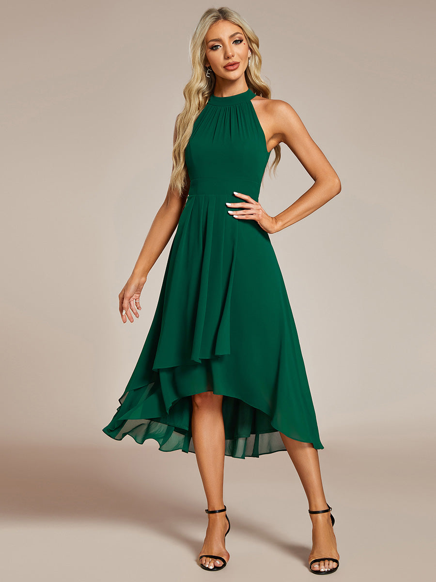 Hochtief Halterneck A-Linie Chiffon Kleid Mit Raffungen #Farbe_Dunkelgrün
