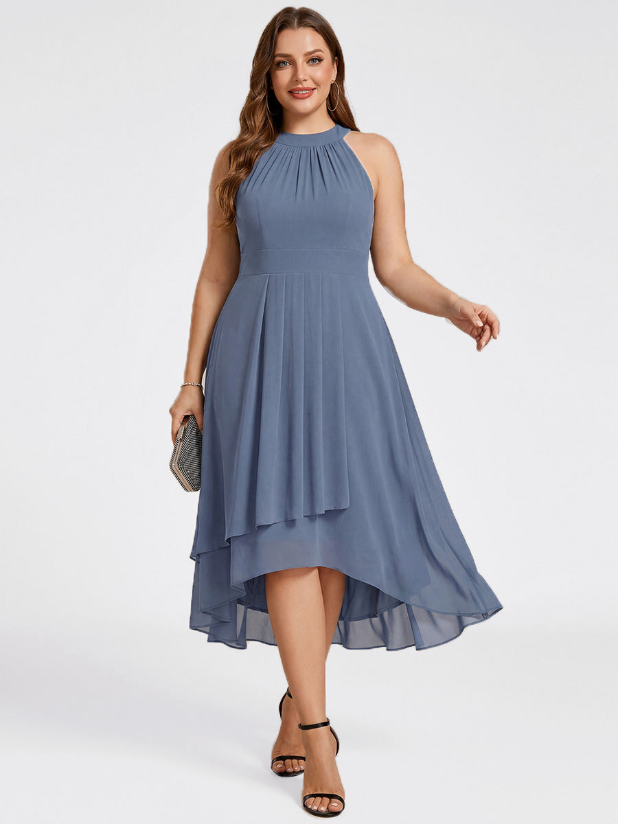 Hochtief Halterneck A-Linie Chiffon Kleid Mit Raffungen #Farbe_Taubenblau