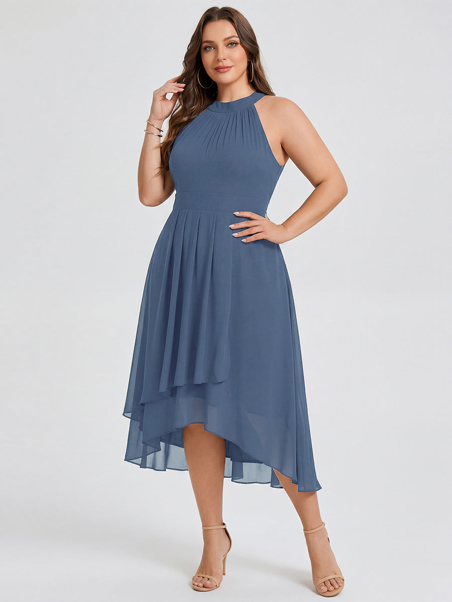 Hochtief Halterneck A-Linie Chiffon Kleid Mit Raffungen #Farbe_Taubenblau
