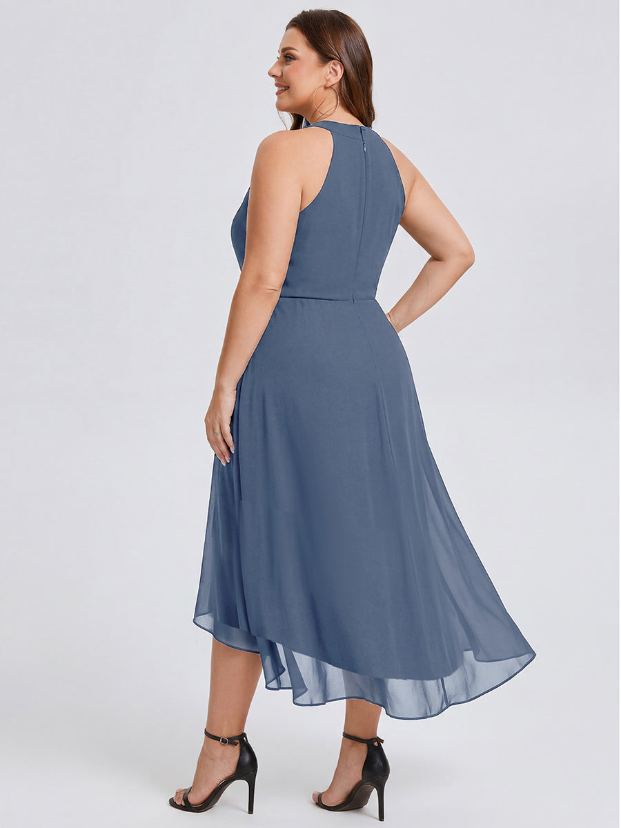 Hochtief Halterneck A-Linie Chiffon Kleid Mit Raffungen #Farbe_Taubenblau