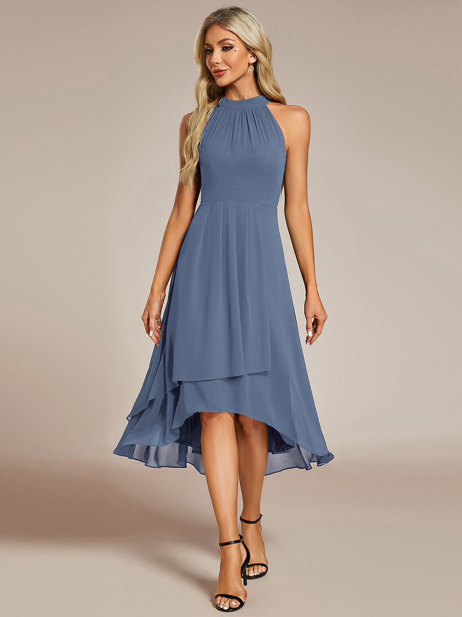 Hochtief Halterneck A-Linie Chiffon Kleid Mit Raffungen #Farbe_Taubenblau