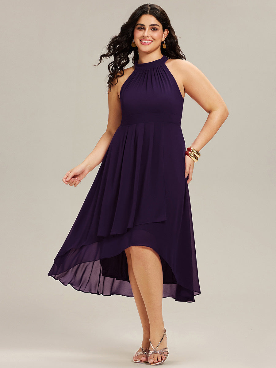 Hochtief Halterneck A-Linie Chiffon Kleid Mit Raffungen #Farbe_Dunkelviolett