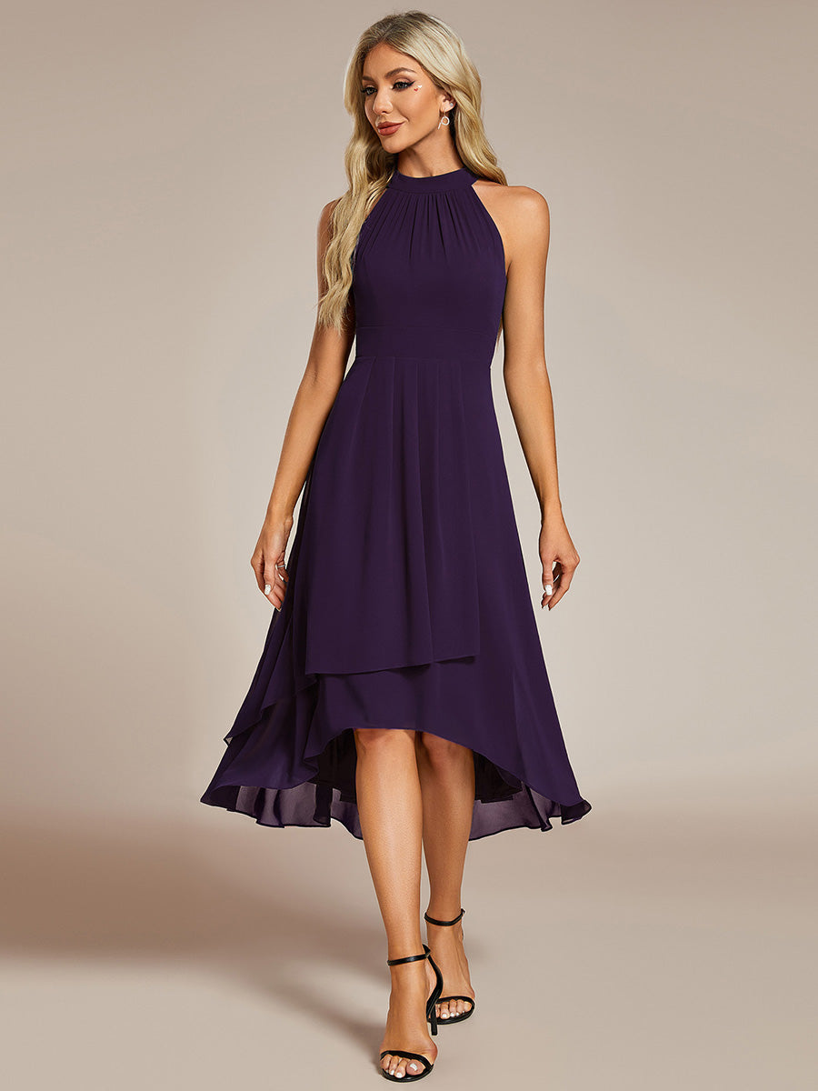 Hochtief Halterneck A-Linie Chiffon Kleid Mit Raffungen #Farbe_Dunkelviolett