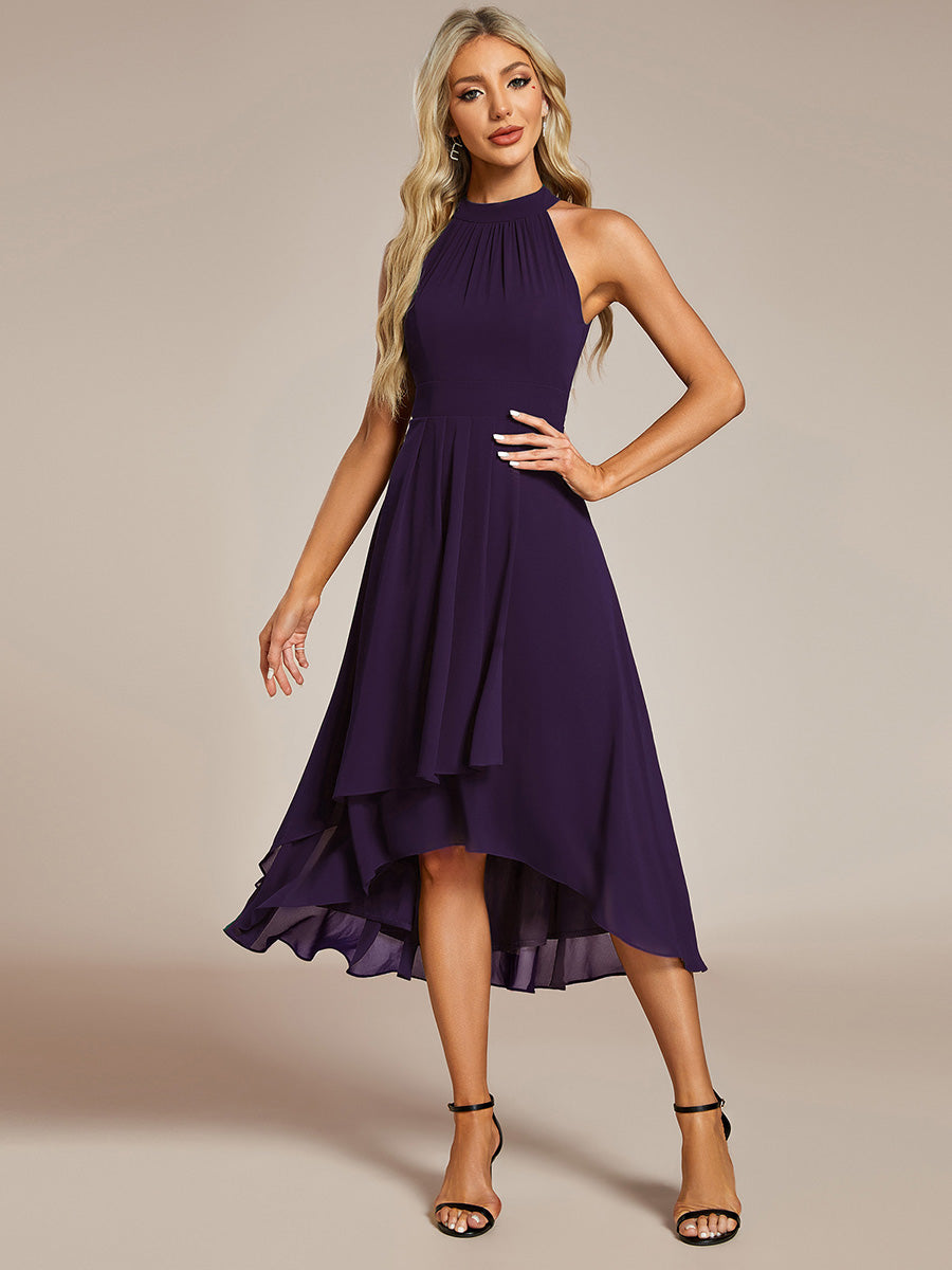 Hochtief Halterneck A-Linie Chiffon Kleid Mit Raffungen #Farbe_Dunkelviolett